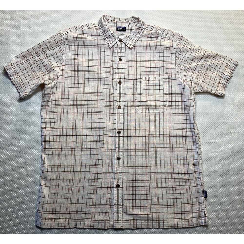 Patagonia Men's XL A/C Shirt White Plaid Organic Cotton Short Sleeve Button Up